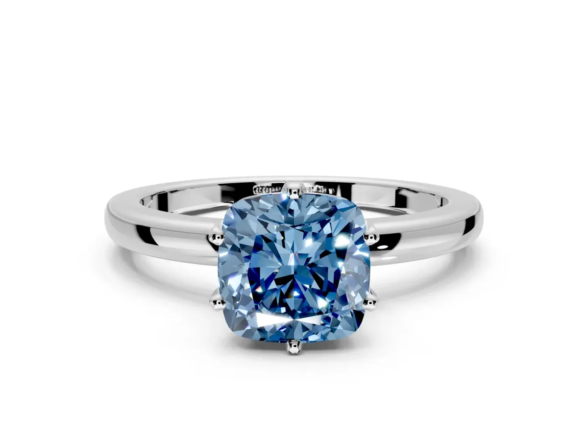 Solitaire Engagement Ring Setting for Fancy Blue Cushion Cut Center with Plain Band and Tulip Prong Head in White Gold