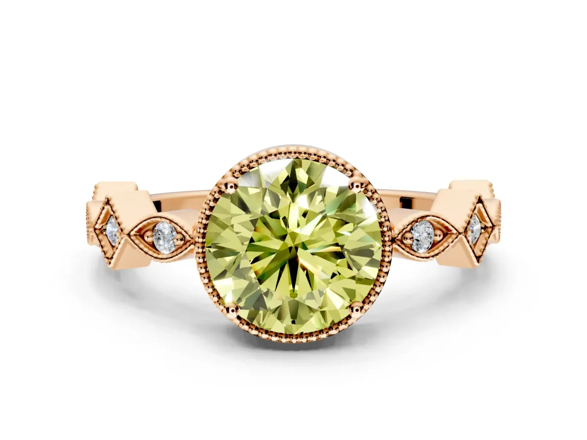 Milgrain Bezel Engagement Ring Setting for Fancy Yellow Round Cut Center with Marquise Stations and Bezel Head in Rose Gold