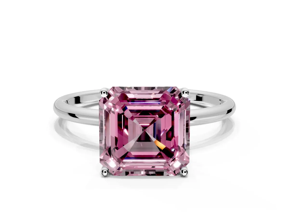 Solitaire Engagement Ring Setting for Fancy Pink Asscher Cut Center with Straight Thin Band and Prong Head in Sterling Silver