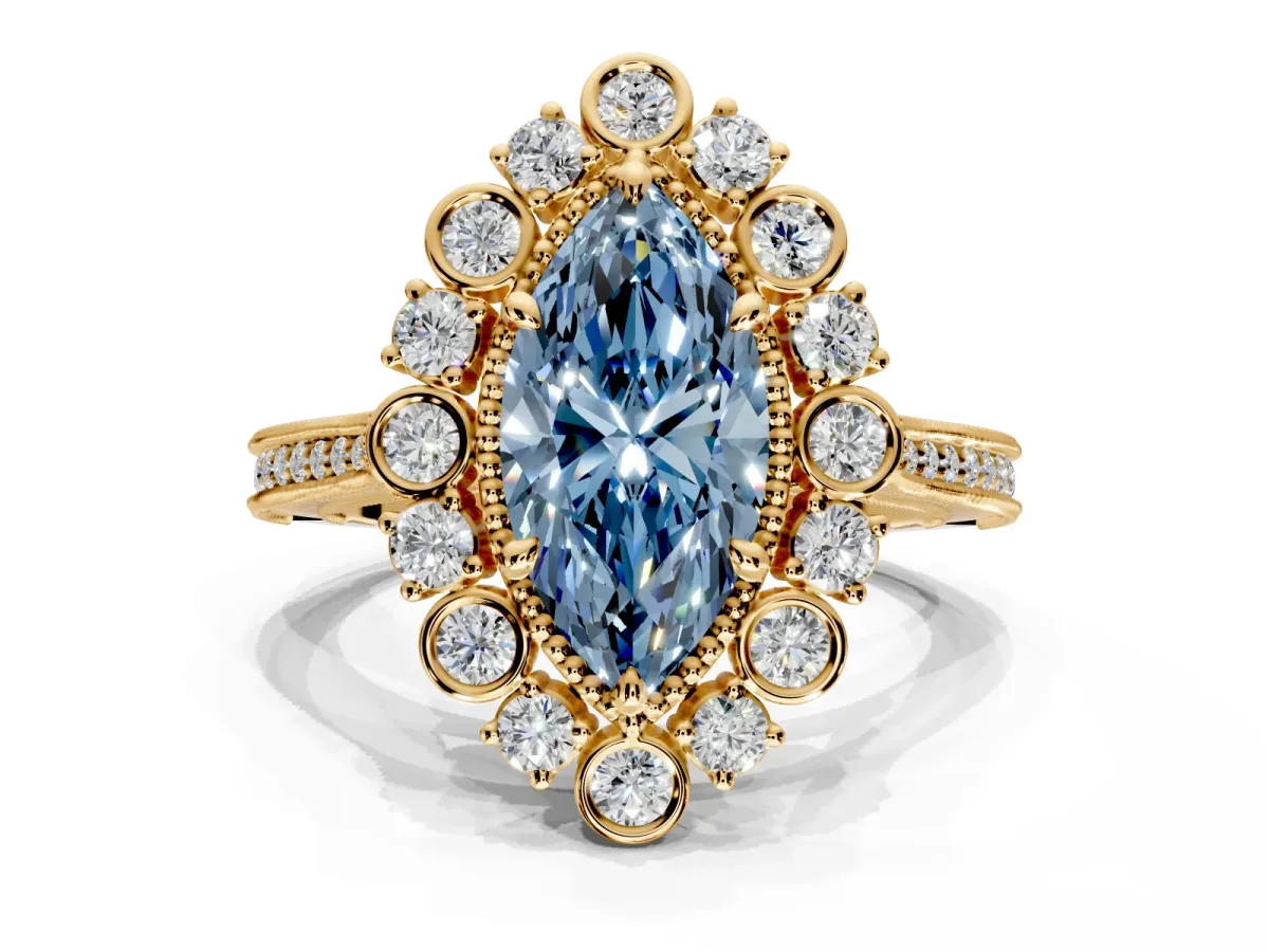 Milgrain Halo Engagement Ring Setting for Fancy Blue Marquise Center with Bezel Point Accents and Prong Head in Yellow Gold