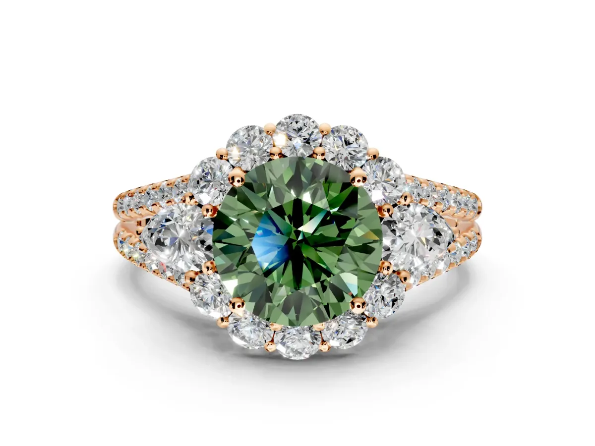Halo Engagement Ring Setting for Fancy Green Round Cut Center with Two-Strand Split Shank and Prong Head in Rose Gold