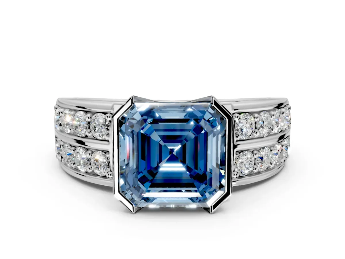 Bezel Engagement Ring Setting for Fancy Blue Asscher Cut Center with Wide Channel-Set Band and Bezel Head in Platinum