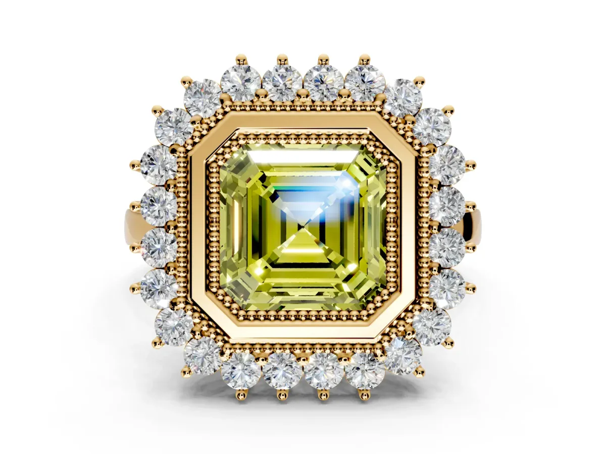 Halo Engagement Ring Setting for Fancy Yellow Asscher Cut Center with Milgrain Bezel Rim, Plain Band and Prong Head in Yellow Gold