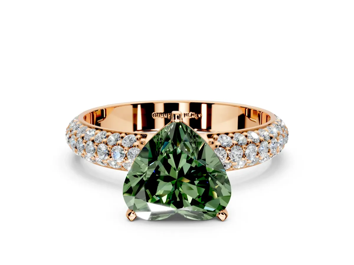 Solitaire Engagement Ring Setting for Fancy Green Heart-Shaped Center with Domed Multi-Row Pave Band and Prong Head in Rose Gold