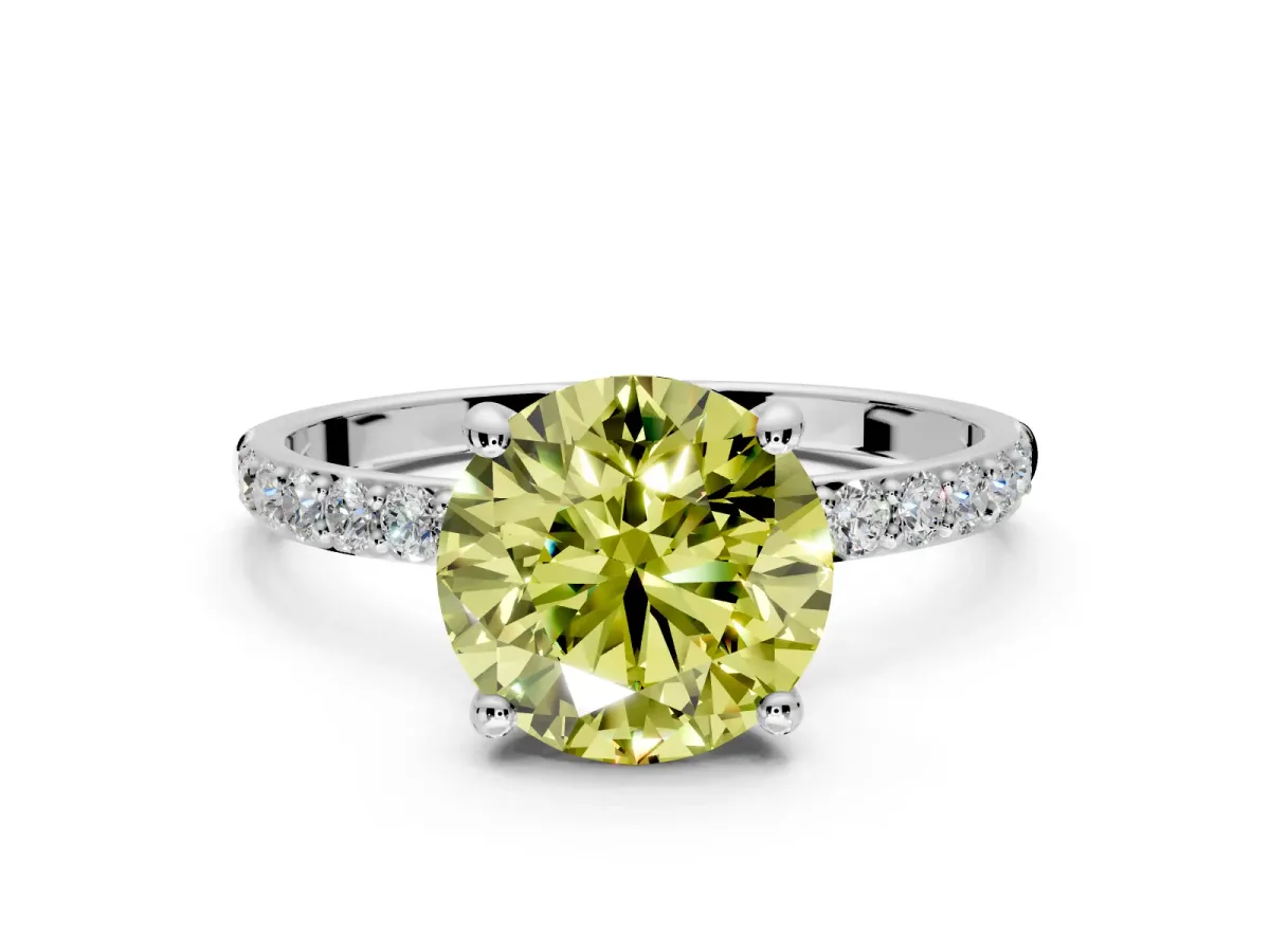 Solitaire Engagement Ring Setting for Fancy Yellow Round Cut Center with Pave Accents and Prong Head in Sterling Silver