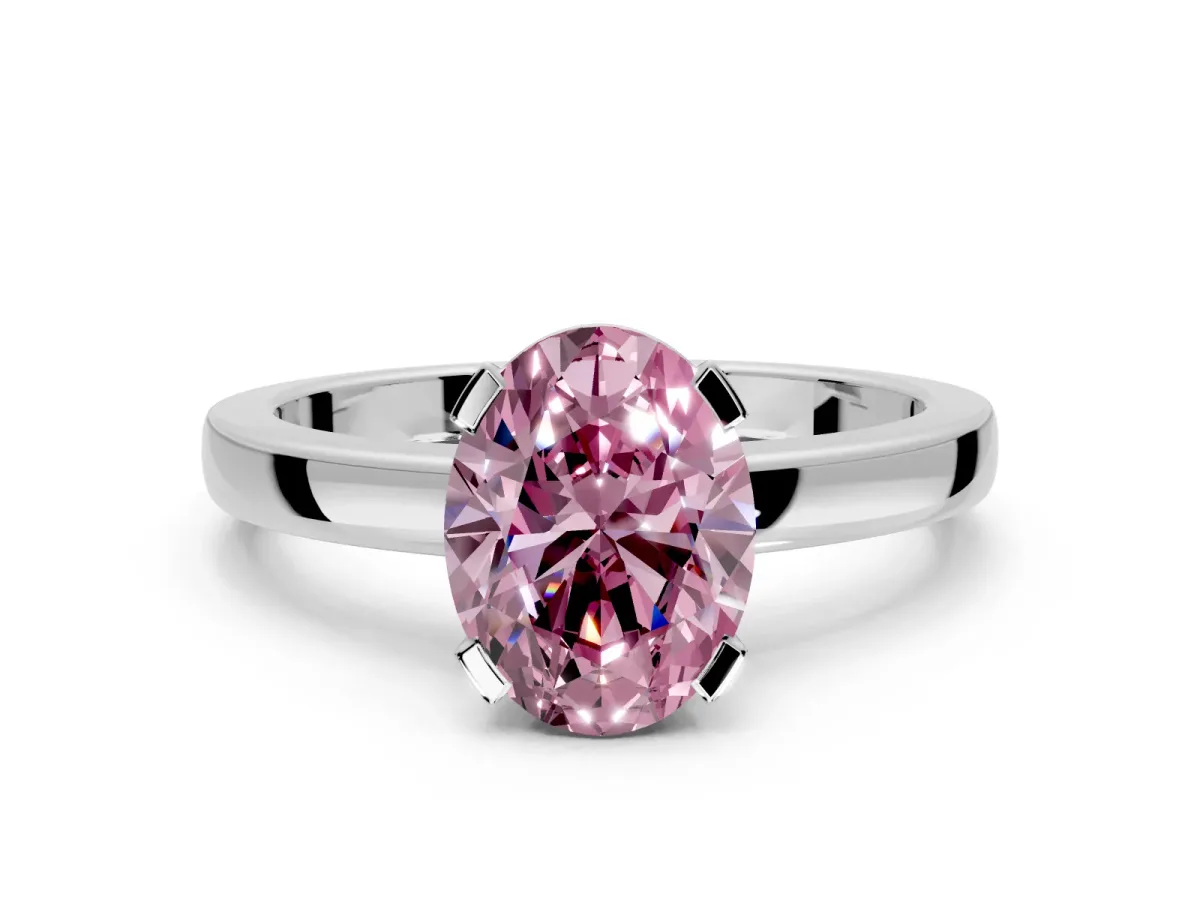 Solitaire Engagement Ring Setting for Fancy Pink Oval Center with Plain Band and Flat Tab Prong Head in White Gold