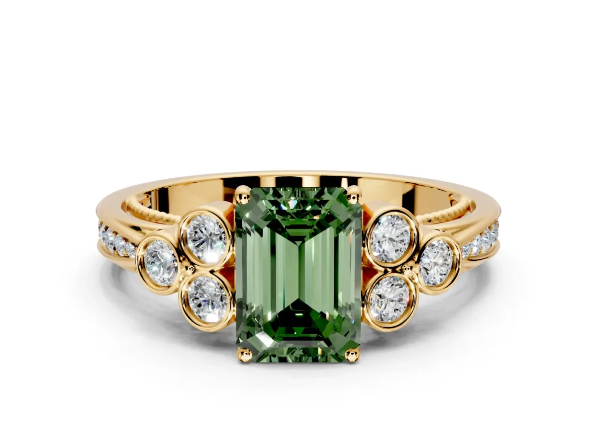 Cluster Engagement Ring Setting for Fancy Green Emerald Cut Center with Bezel Accent Clusters and Prong Head in Yellow Gold