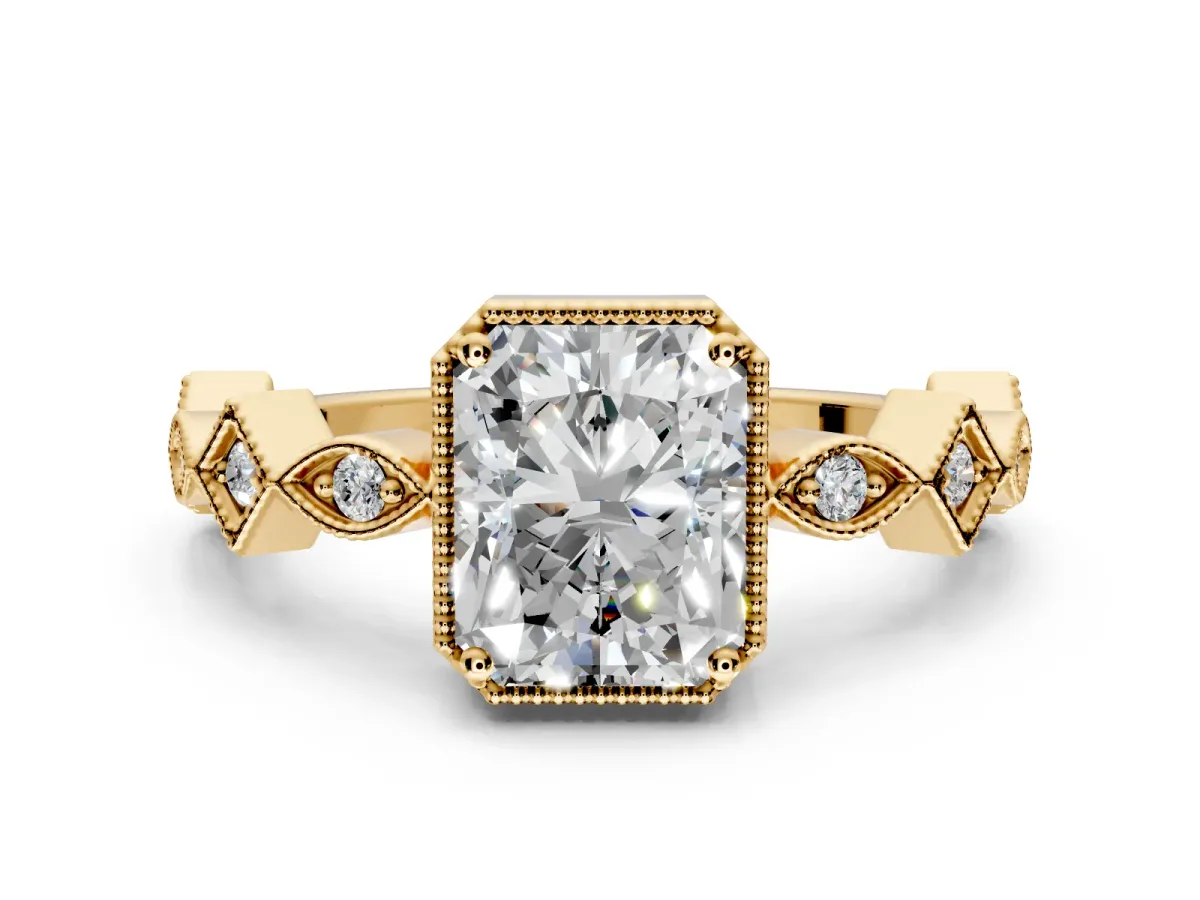 Milgrain Bezel Engagement Ring Setting for Radiant Cut Center with Marquise Stations and Bezel Head in Yellow Gold