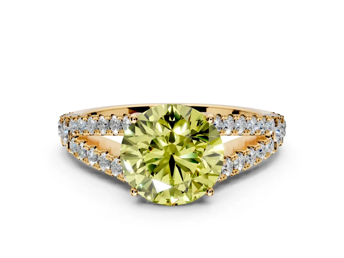 Solitaire Engagement Ring Setting for Fancy Yellow Round Cut Center with Pave Split Shank and Prong Head in Yellow Gold