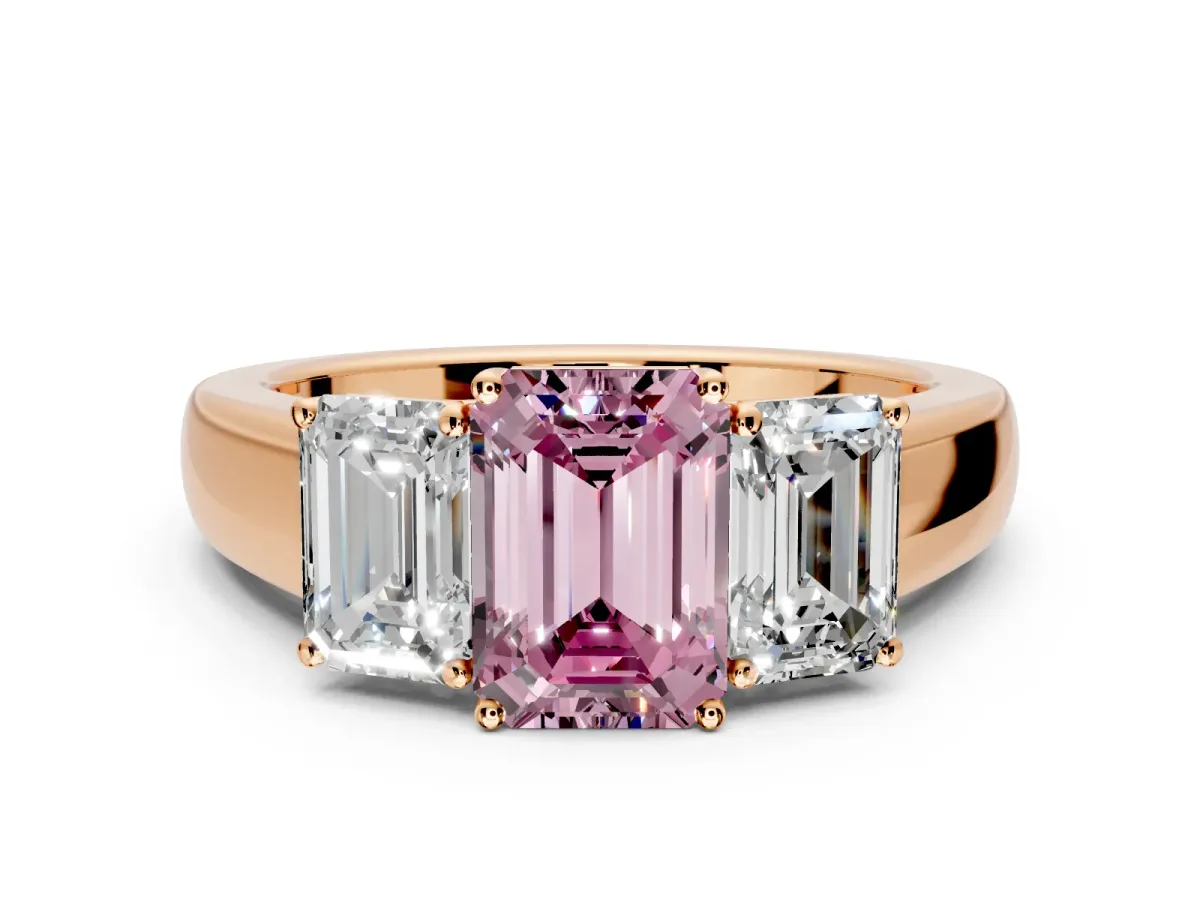 3 Stone Engagement Ring Setting for Fancy Pink Emerald Cut Center with Raised Basket Heads and Prong Head in Rose Gold
