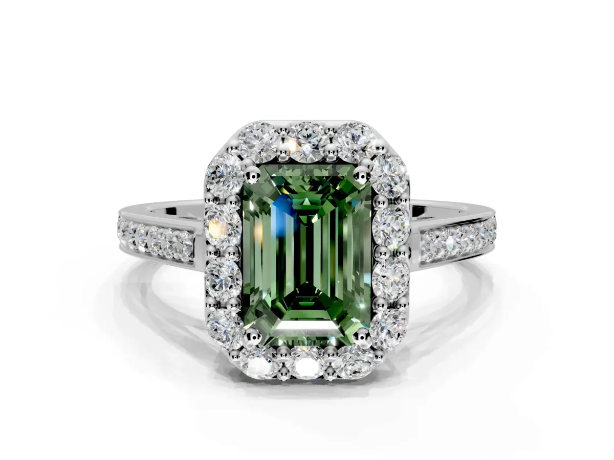 Floral Halo Engagement Ring Setting for Fancy Green Emerald Cut Center with Large Halo Accents and Prong Head in White Gold