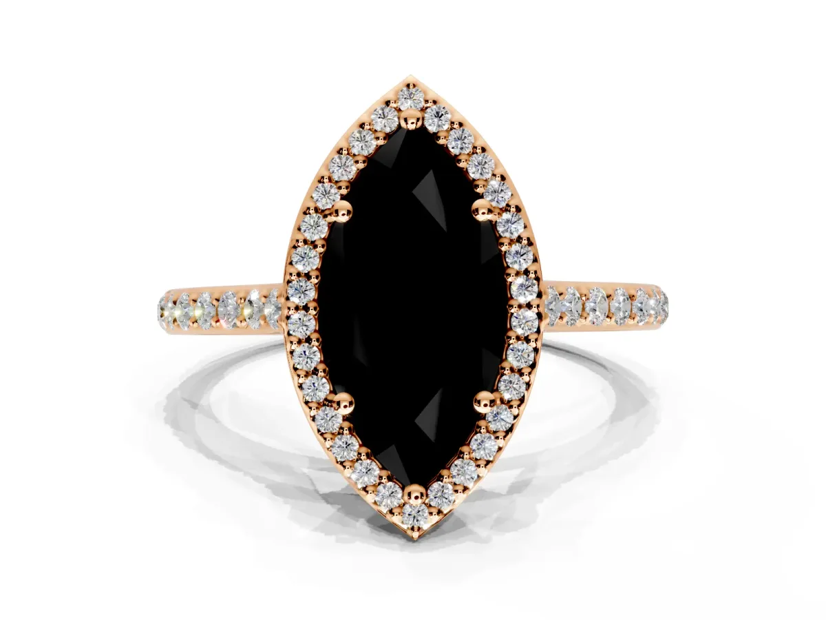 Halo Engagement Ring Setting for Fancy Black Marquise Center with Pave Accents, Heart Basket and Prong Head in Rose Gold