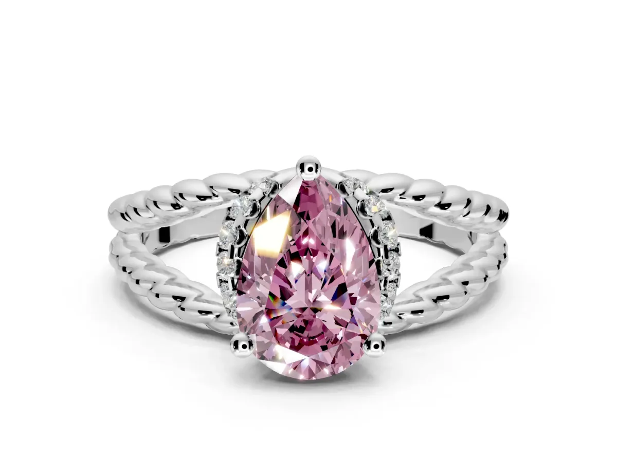 Halo Engagement Ring Setting for Fancy Pink Pear-Shaped Center with Rope Twist Split Shank and Prong Head in Platinum