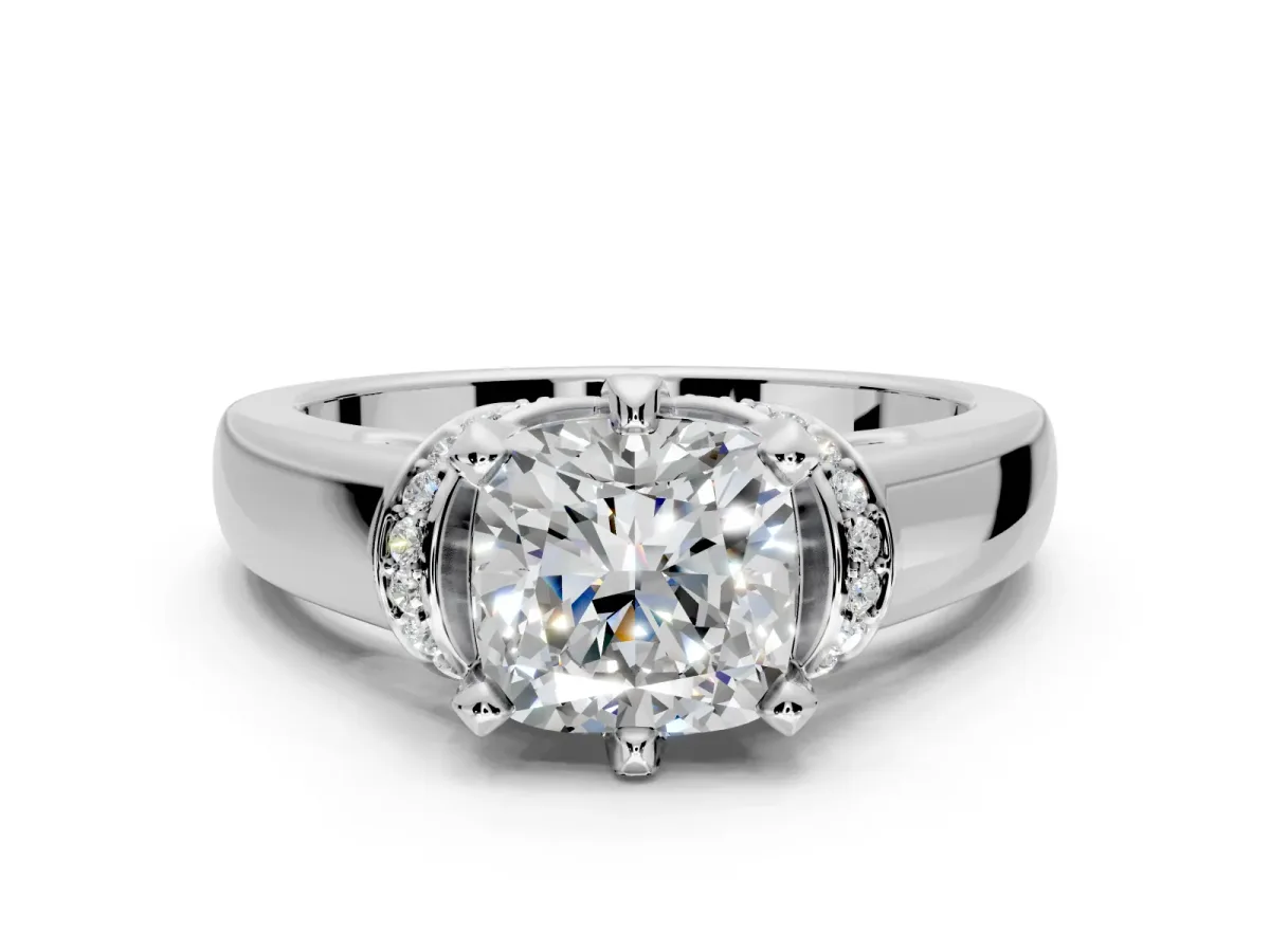 Solitaire Engagement Ring Setting for Cushion Cut Center with Wide Band, Pave Collar and Prong Head in Sterling Silver