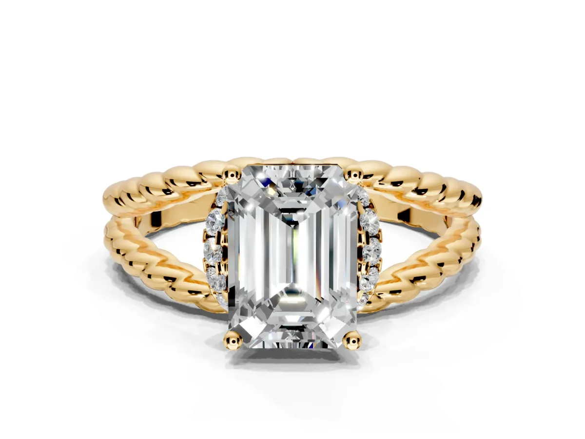 Halo Engagement Ring Setting for Emerald Cut Center with Rope Twist Split Shank and Prong Head in Yellow Gold