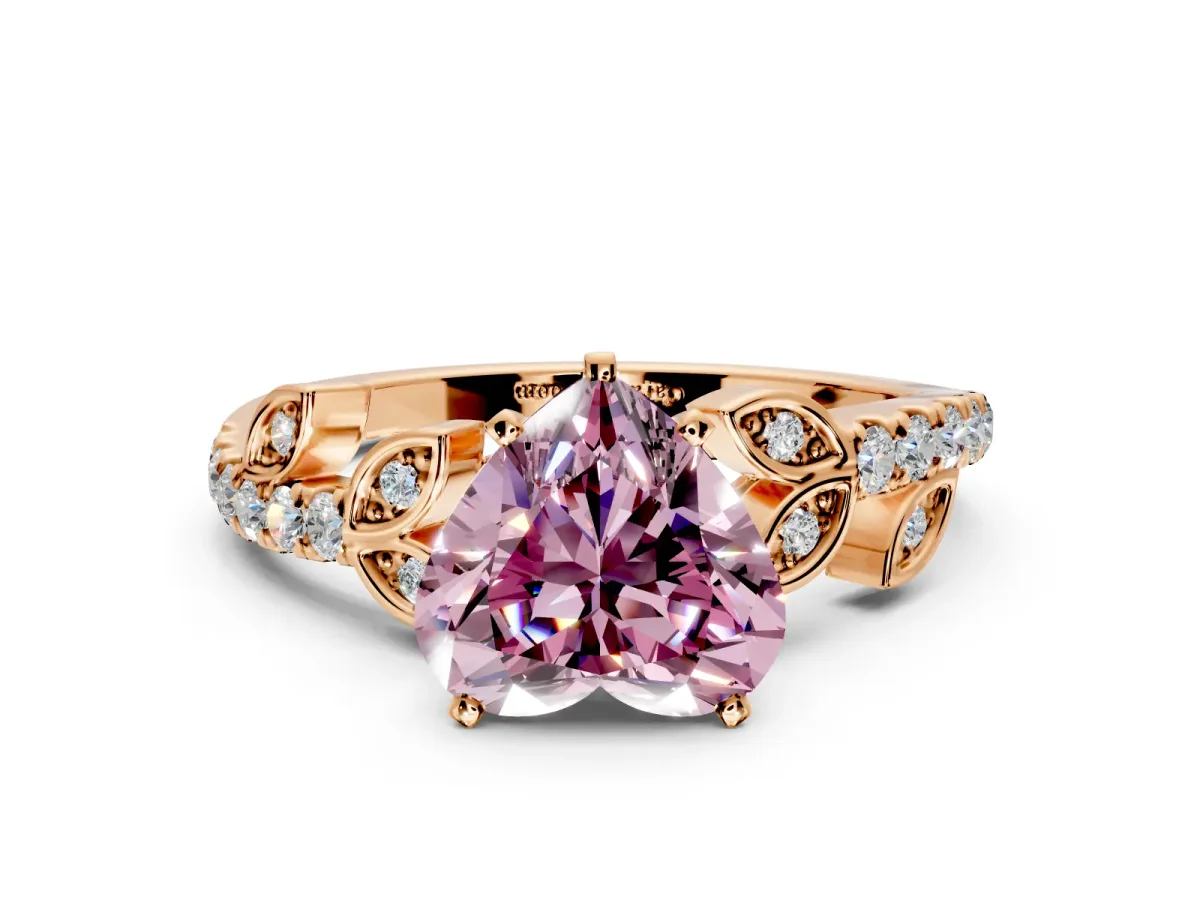 Leaf Motif Engagement Ring Setting for Fancy Pink Heart-Shaped Center with Pave Band and Prong Head in Rose Gold