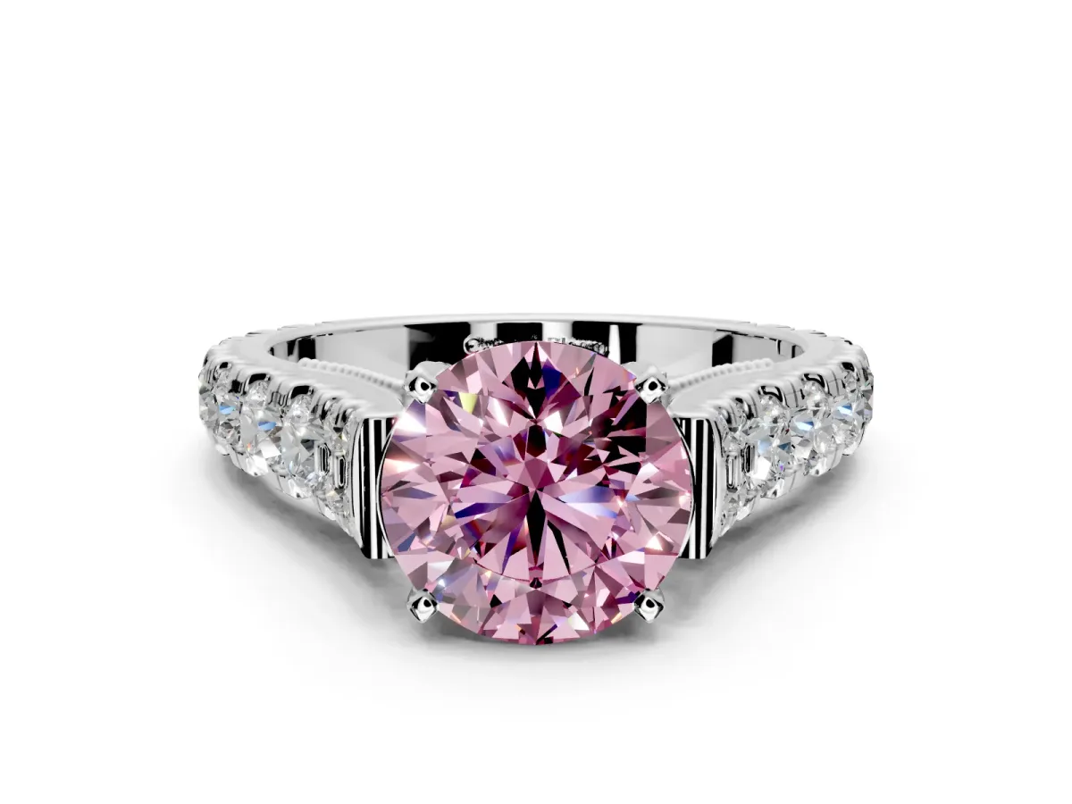 Solitaire Engagement Ring Setting for Fancy Pink Round Cut Center with Pave Cathedral Shoulders and Prong Head in Sterling Silver