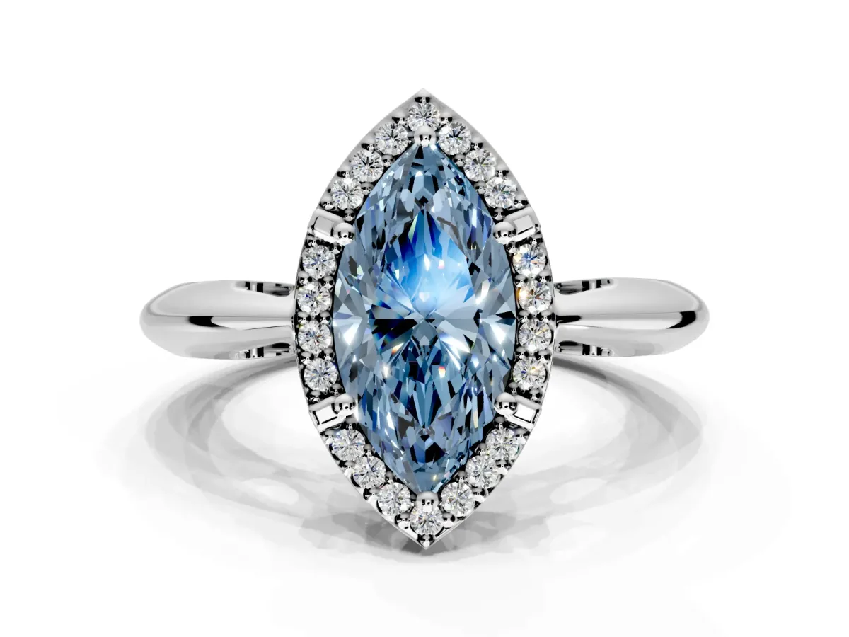 Halo Engagement Ring Setting for Fancy Blue Marquise Center with Tapered Plain Band and Prong Head in Platinum