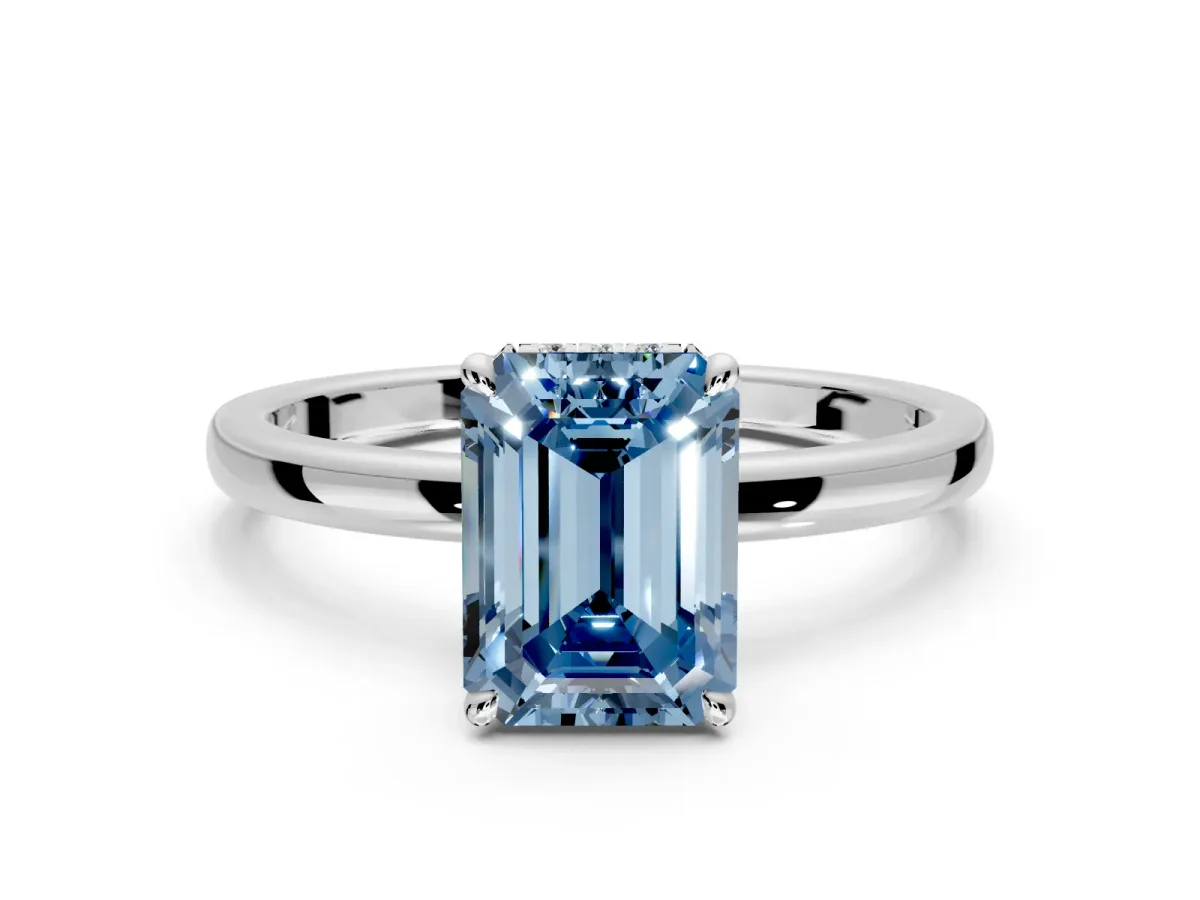 Hidden Halo Engagement Ring Setting for Fancy Blue Emerald Cut Center with Plain Band and Tall Prong Head in Sterling Silver
