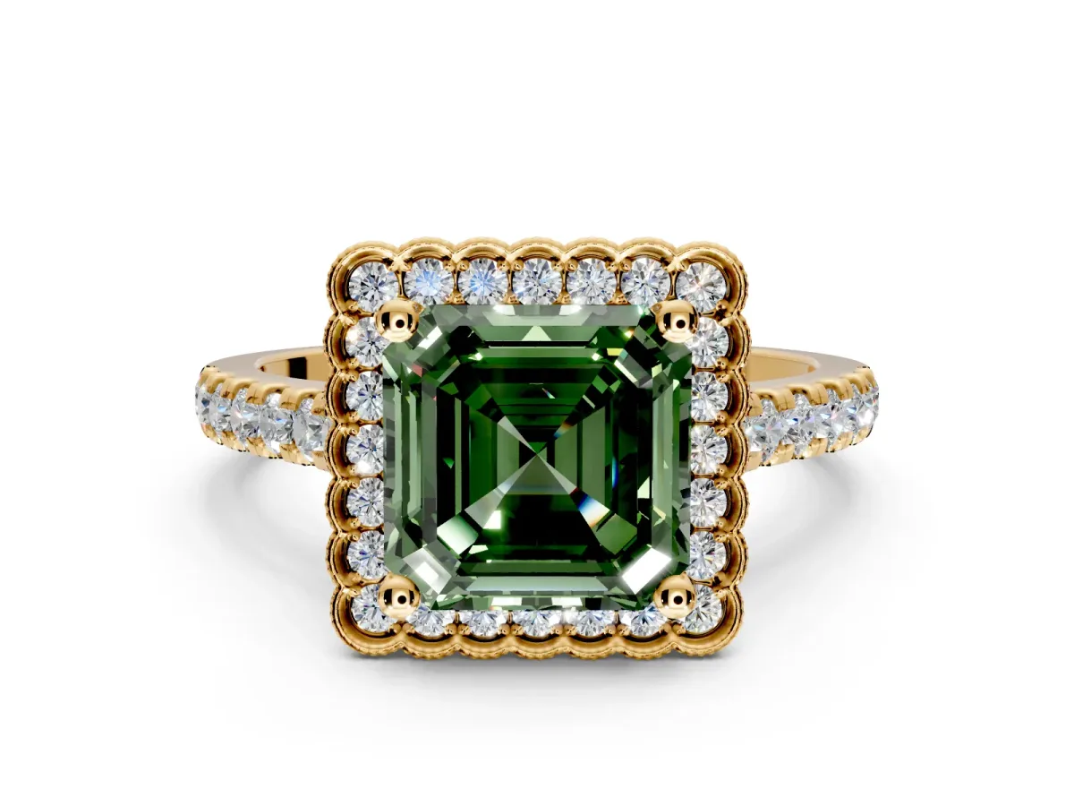 Milgrain Floral Halo Engagement Ring Setting for Fancy Green Asscher Cut Center with Pave Band and Prong Head in Yellow Gold