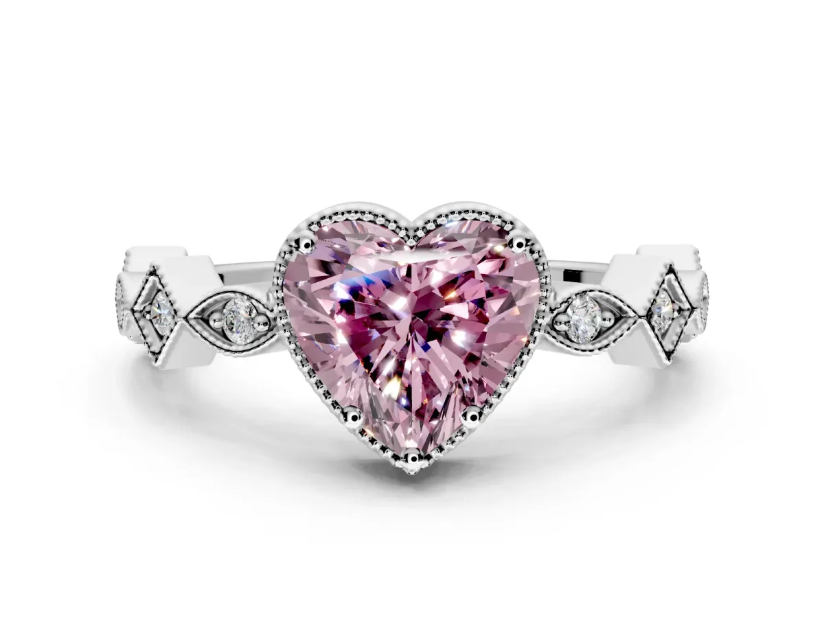 Milgrain Bezel Engagement Ring Setting for Fancy Pink Heart-Shaped Center with Marquise Stations and Bezel Head in White Gold