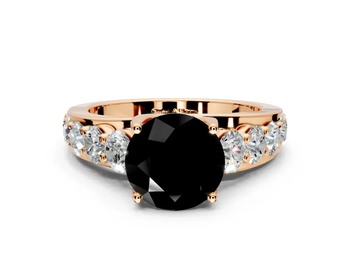 Solitaire Engagement Ring Setting for Fancy Black Round Cut Center with Graduated Shared Prongs and Prong Head in Rose Gold
