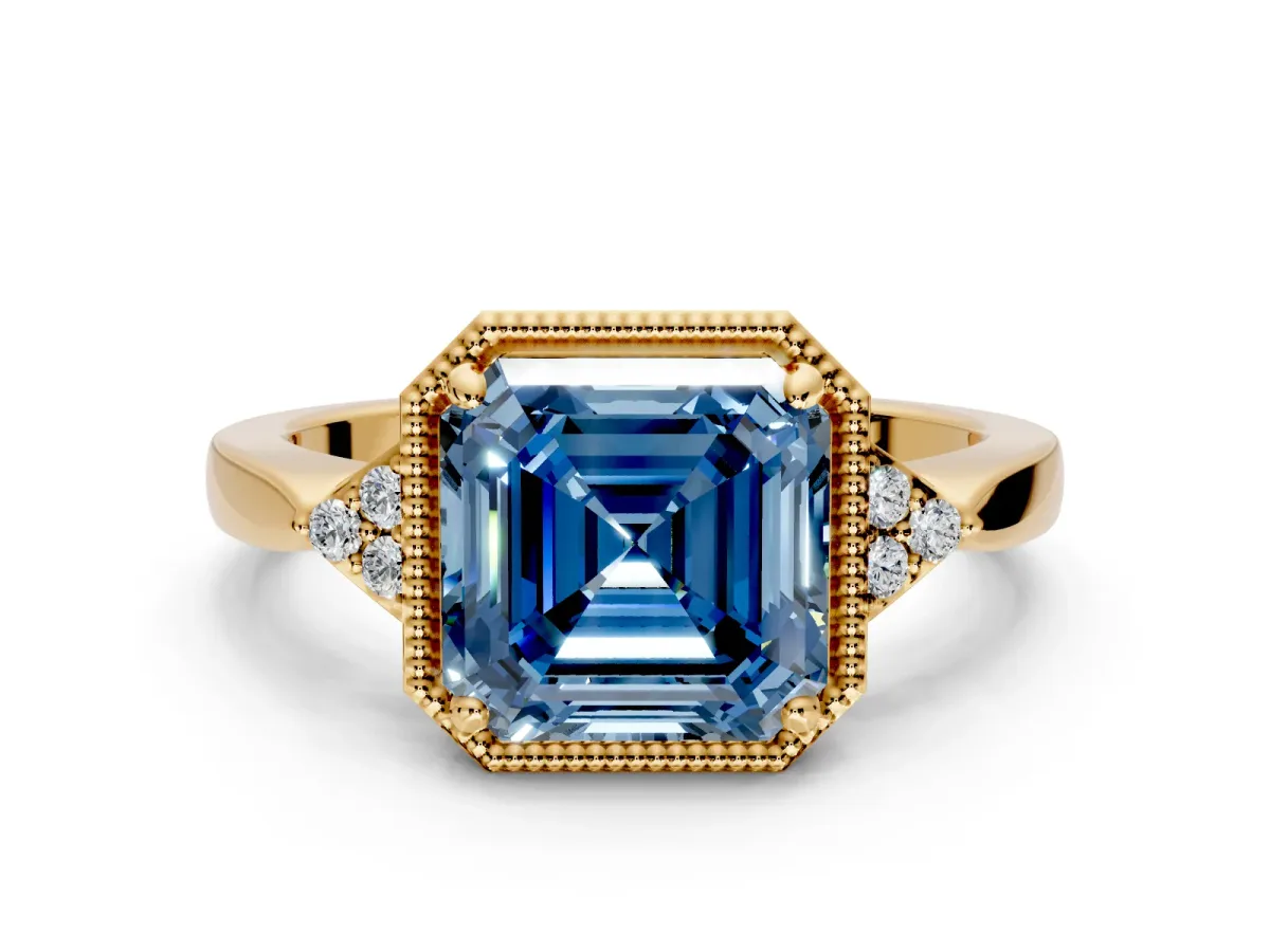 Cluster Engagement Ring Setting for Fancy Blue Asscher Cut Center with Milgrain Shoulder Clusters and Prong Head in Yellow Gold