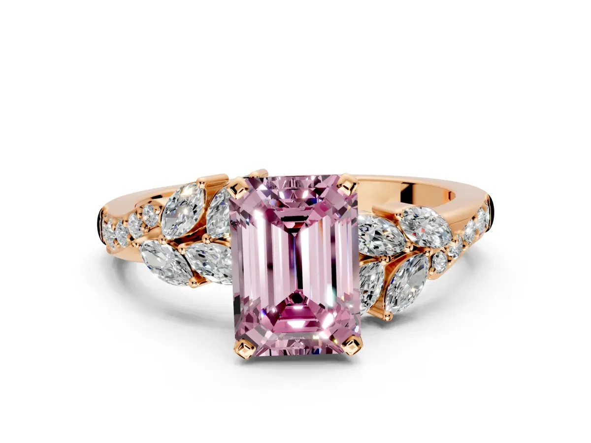 Solitaire Engagement Ring Setting for Fancy Pink Emerald Cut Center with Marquise Accent Twist Band and Prong Head in Rose Gold