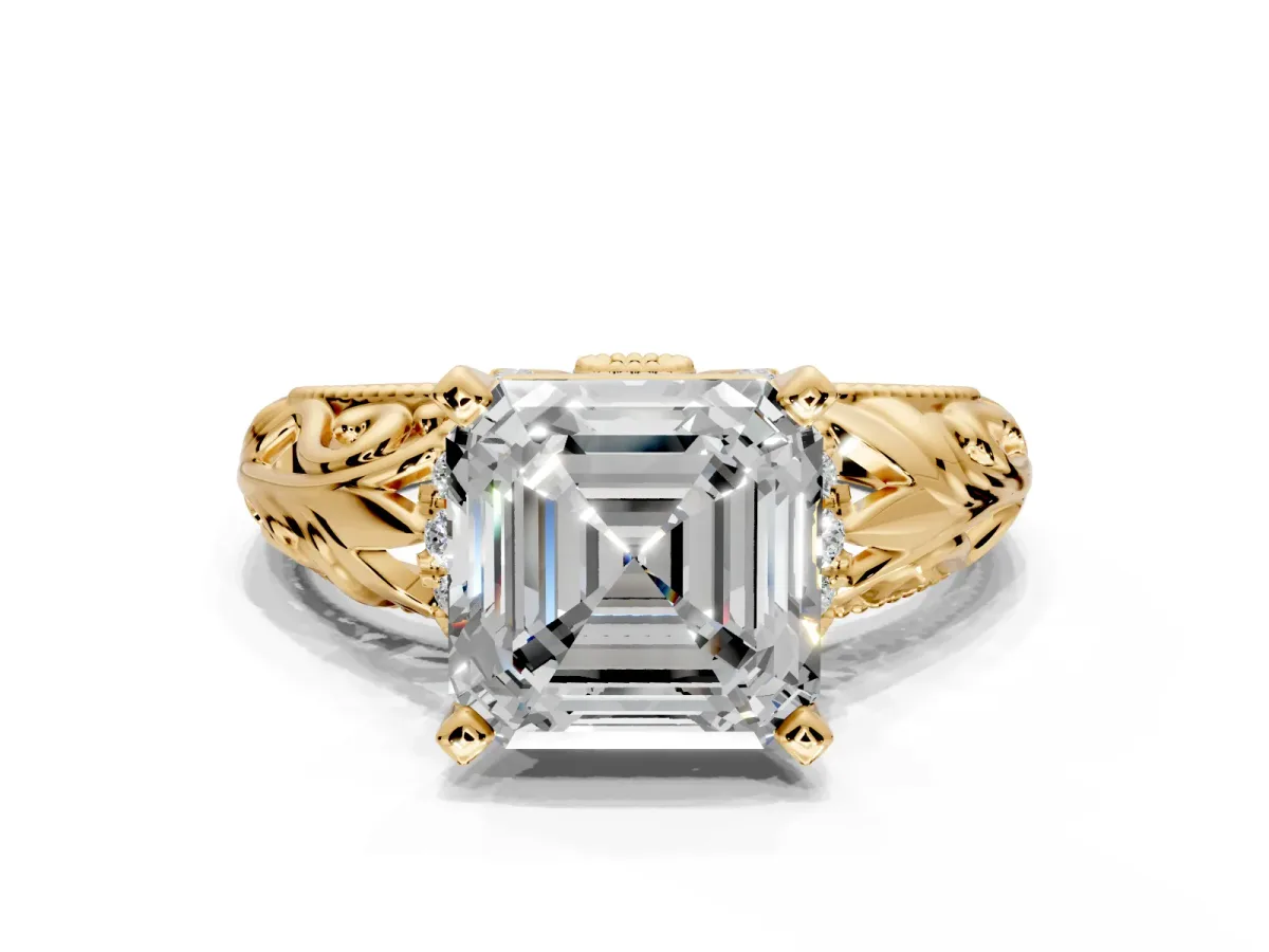 Solitaire Engagement Ring Setting for Asscher Cut Center with Filigree Accent Basket and Prong Head in Yellow Gold