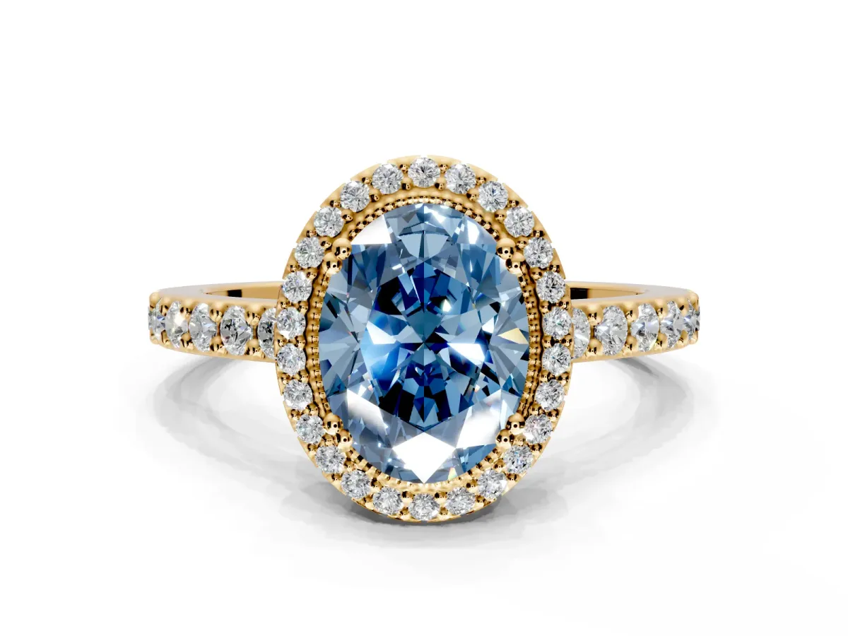 Halo Engagement Ring Setting for Fancy Blue Oval Center with Inner Milgrain Border and Prong Head in Yellow Gold