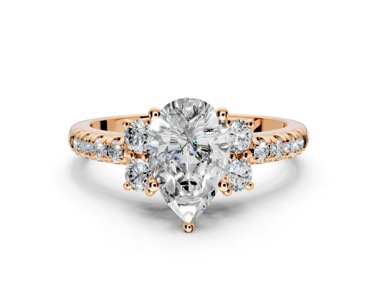 Paired Accent Engagement Ring Setting for Pear-Shaped Center with Pave Band and Prong Head in Rose Gold