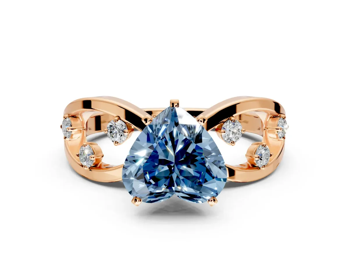 Solitaire Engagement Ring Setting for Fancy Blue Heart-Shaped Center with Criss-Cross Accent Band and Prong Head in Rose Gold