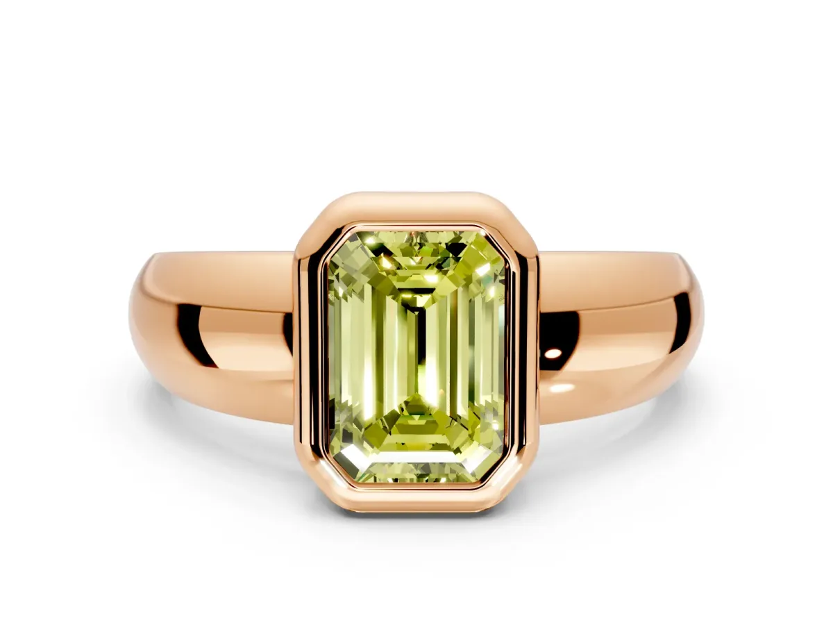 Solitaire Engagement Ring Setting for Fancy Yellow Emerald Cut Center with Wide Band and Bezel Head in Rose Gold