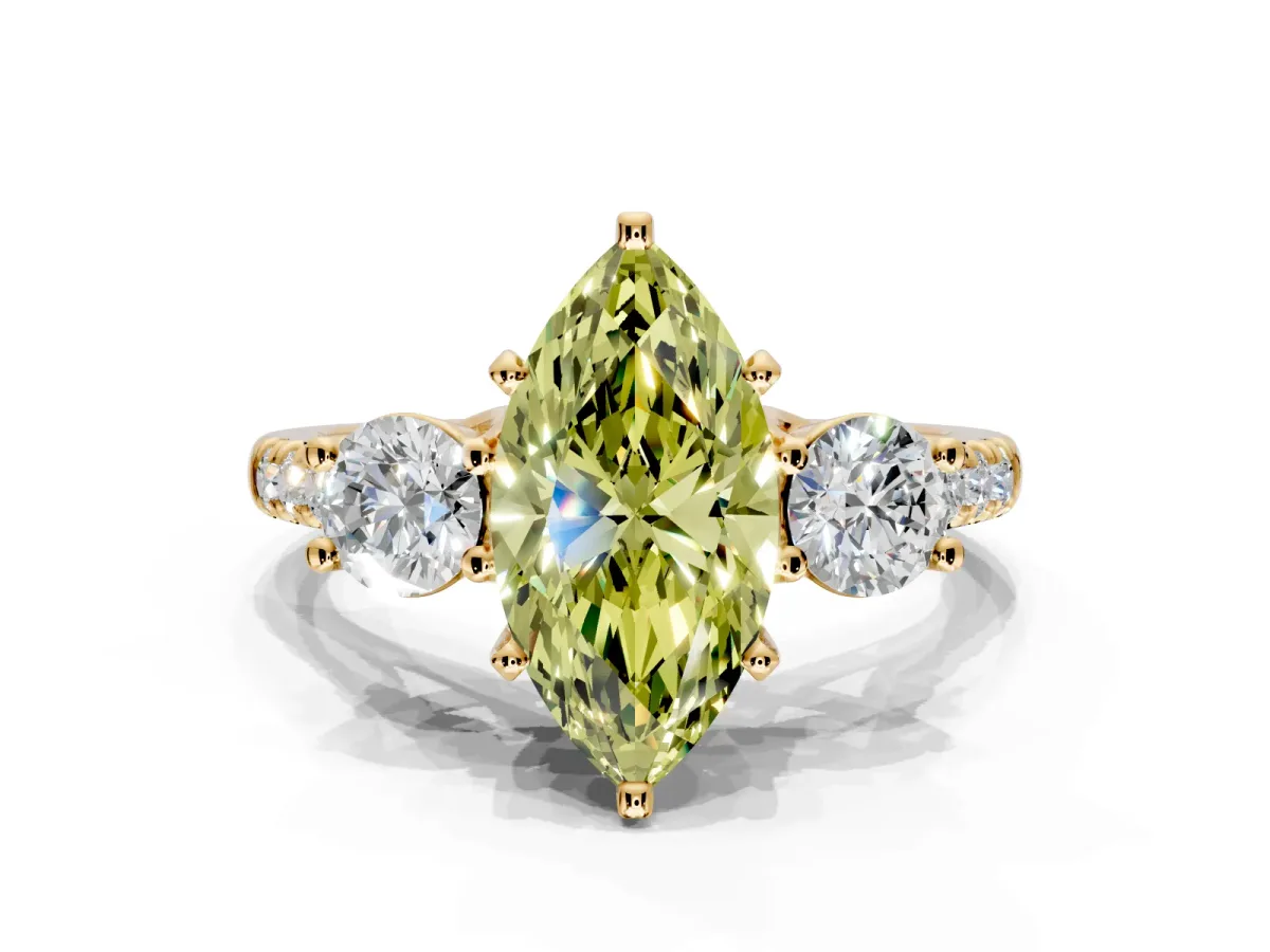 3 Stone Engagement Ring Setting for Fancy Yellow Marquise Center with Crossover Basket, Pave Band and Prong Head in Yellow Gold