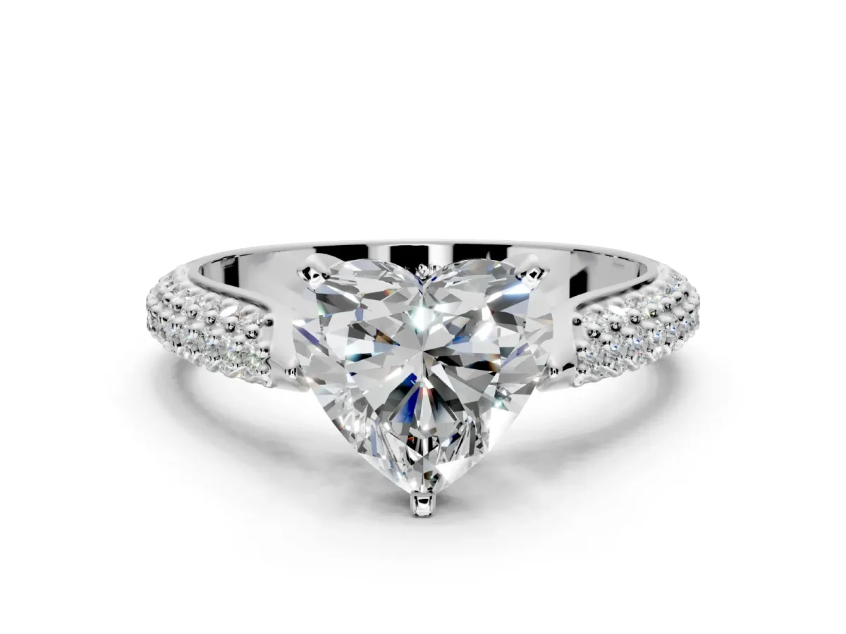 Solitaire Engagement Ring Setting for Heart-Shaped Center with Multi-Row Accents and Prong Head in White Gold