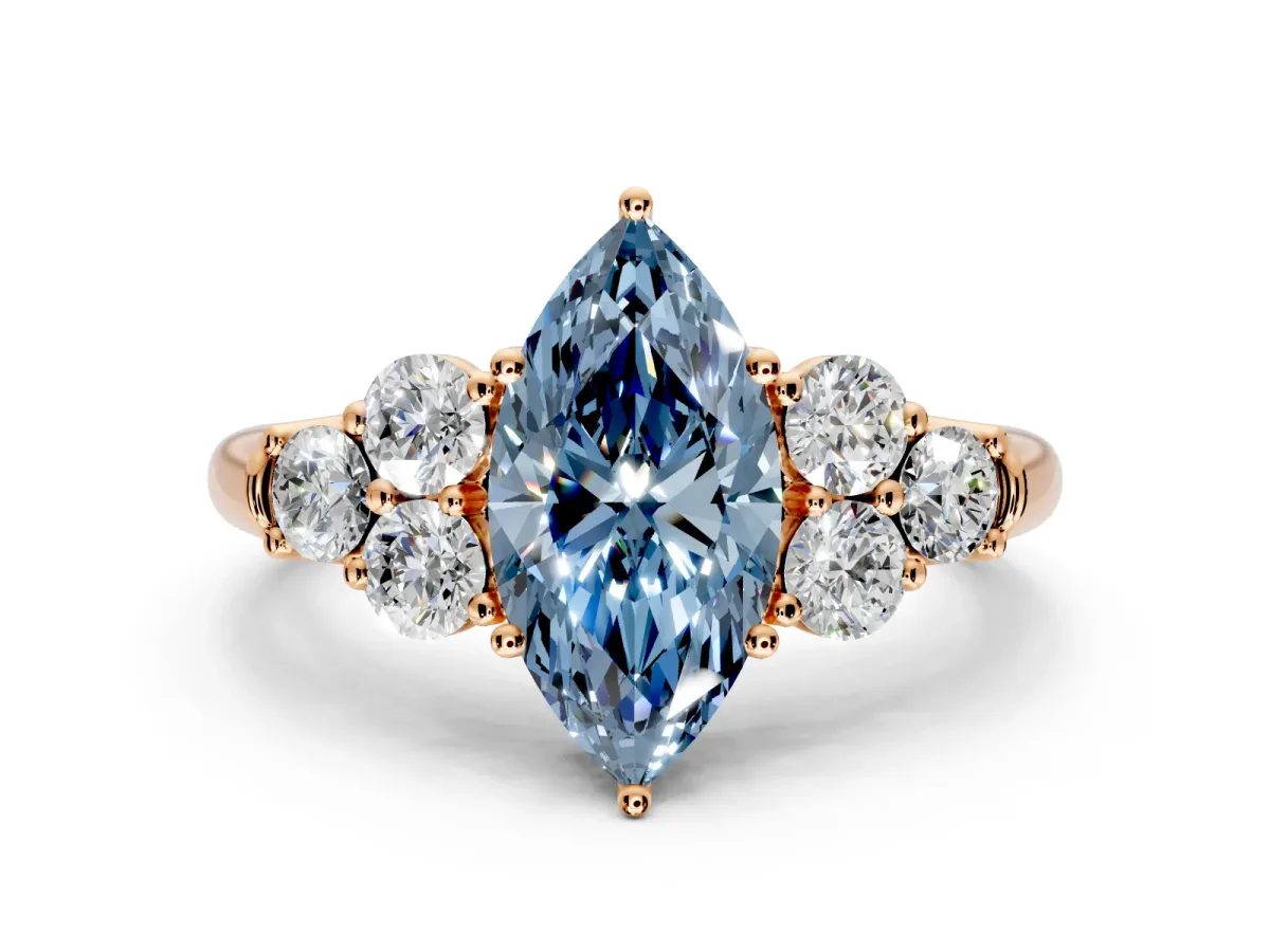 Cluster Engagement Ring Setting for Fancy Blue Marquise Center with Round Cut Accent Frame and Prong Head in Rose Gold