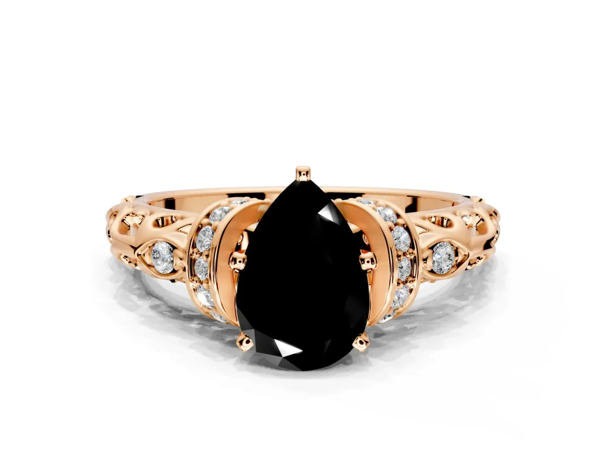 Solitaire Engagement Ring Setting for Fancy Black Pear-Shaped Center with Filigree Band and Prong Head in Rose Gold