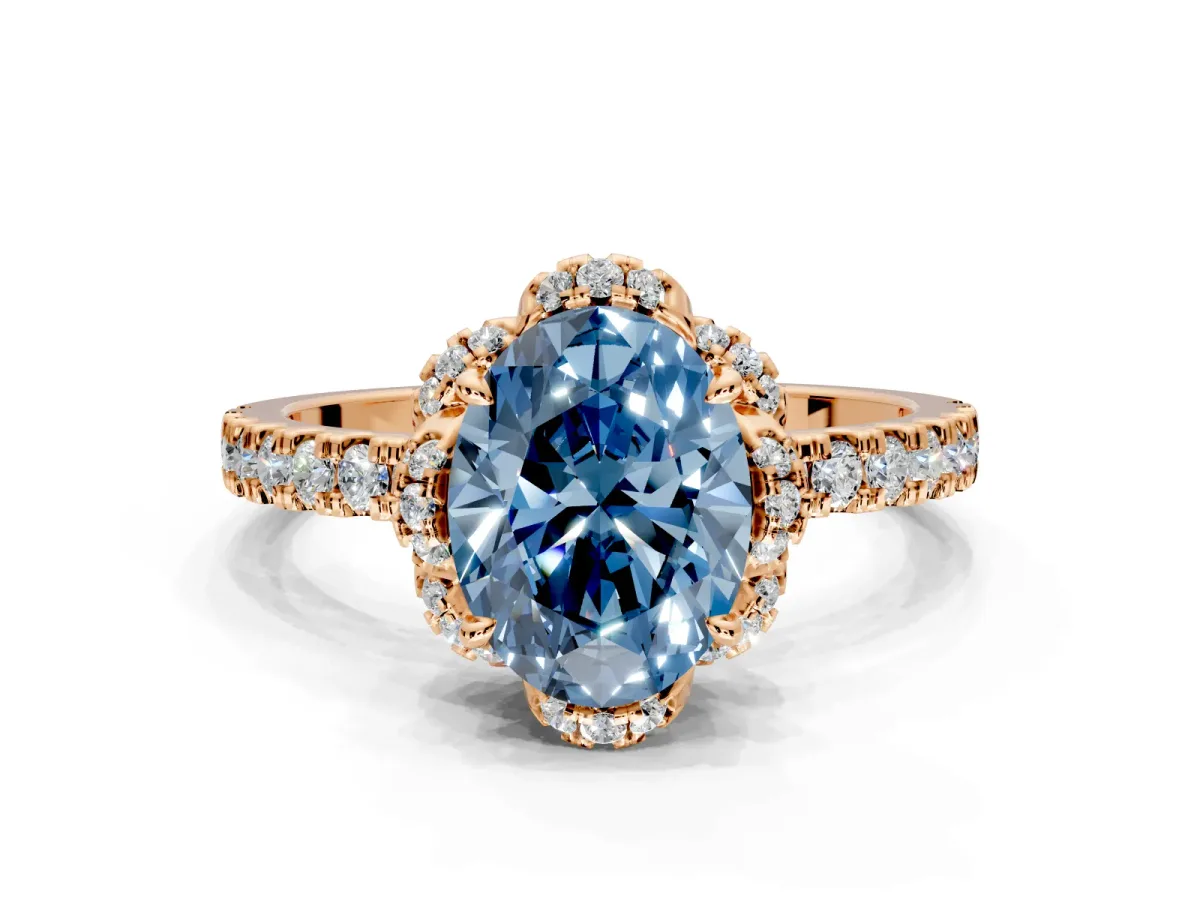 Halo Engagement Ring Setting for Fancy Blue Oval Center with Openwork Halo, Pave Band and Prong Head in Rose Gold
