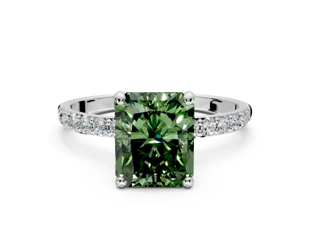 Solitaire Engagement Ring Setting for Fancy Green Radiant Cut Center with Pave Accents and Prong Head in Platinum
