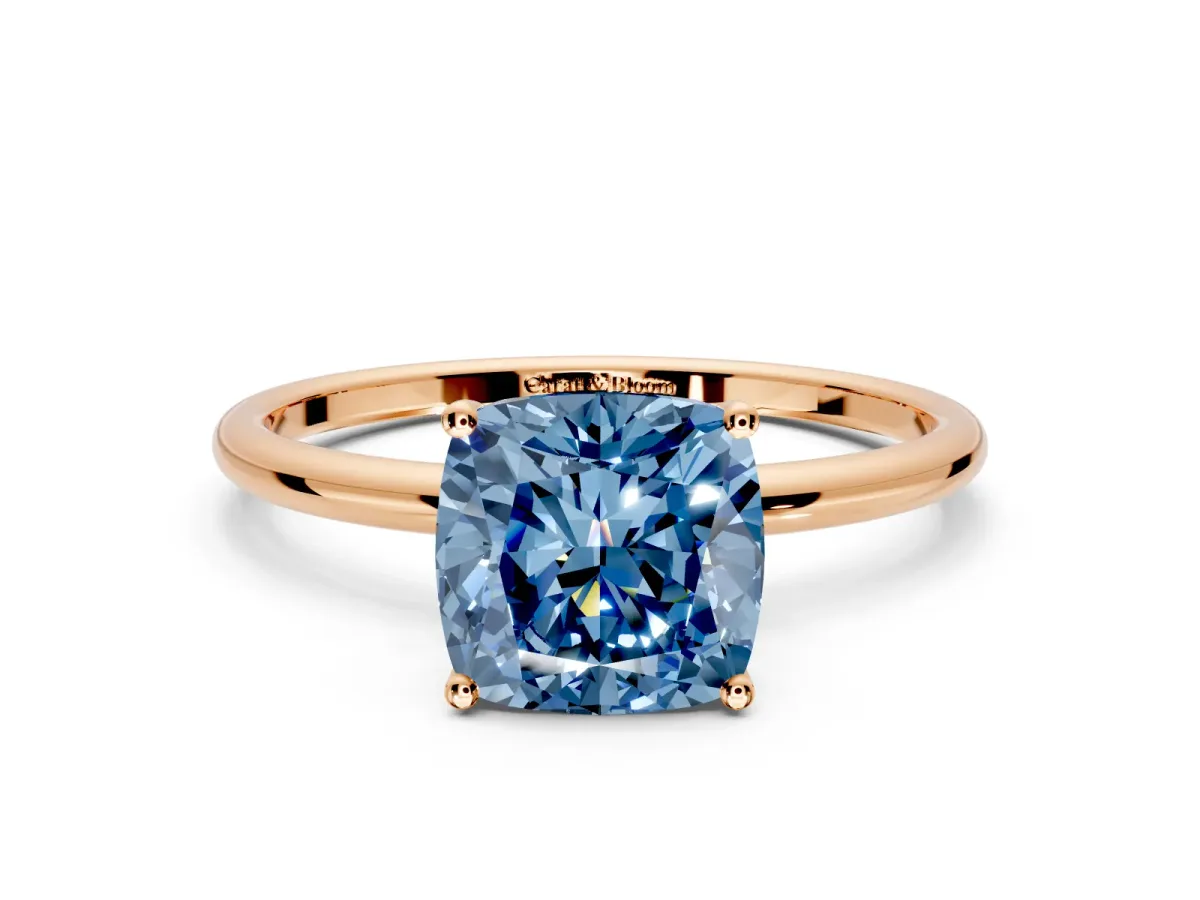 Solitaire Engagement Ring Setting for Fancy Blue Cushion Cut Center with Straight Thin Band and Prong Head in Rose Gold