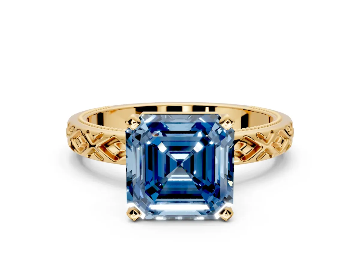 Solitaire Engagement Ring Setting for Fancy Blue Asscher Cut Center with Milgrain X Pattern Band and Prong Head in Yellow Gold