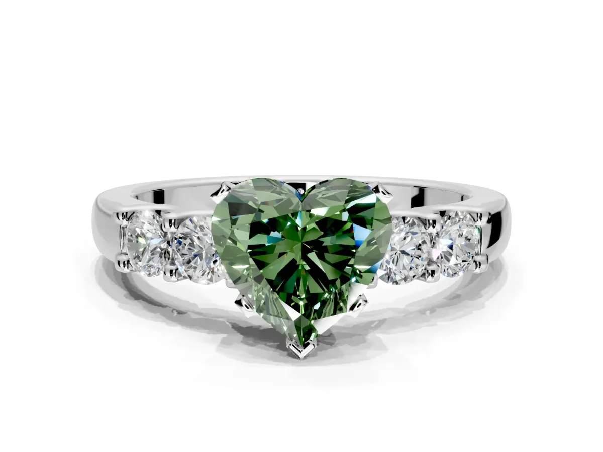 5 Stone Engagement Ring Setting for Fancy Green Heart-Shaped Center with Plain Band and Prong Head in Platinum