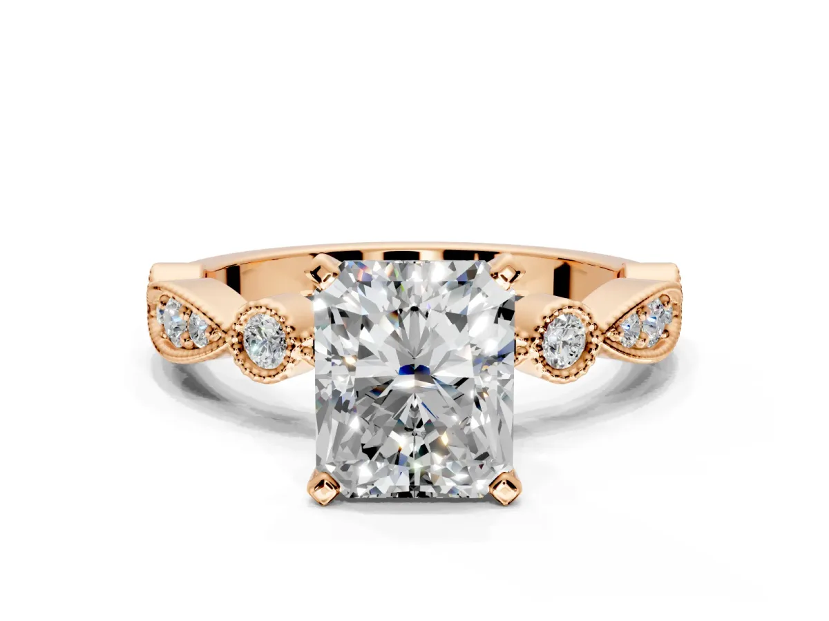 Solitaire Engagement Ring Setting for Radiant Cut Center with Milgrain Bezel Accents and Prong Head in Rose Gold
