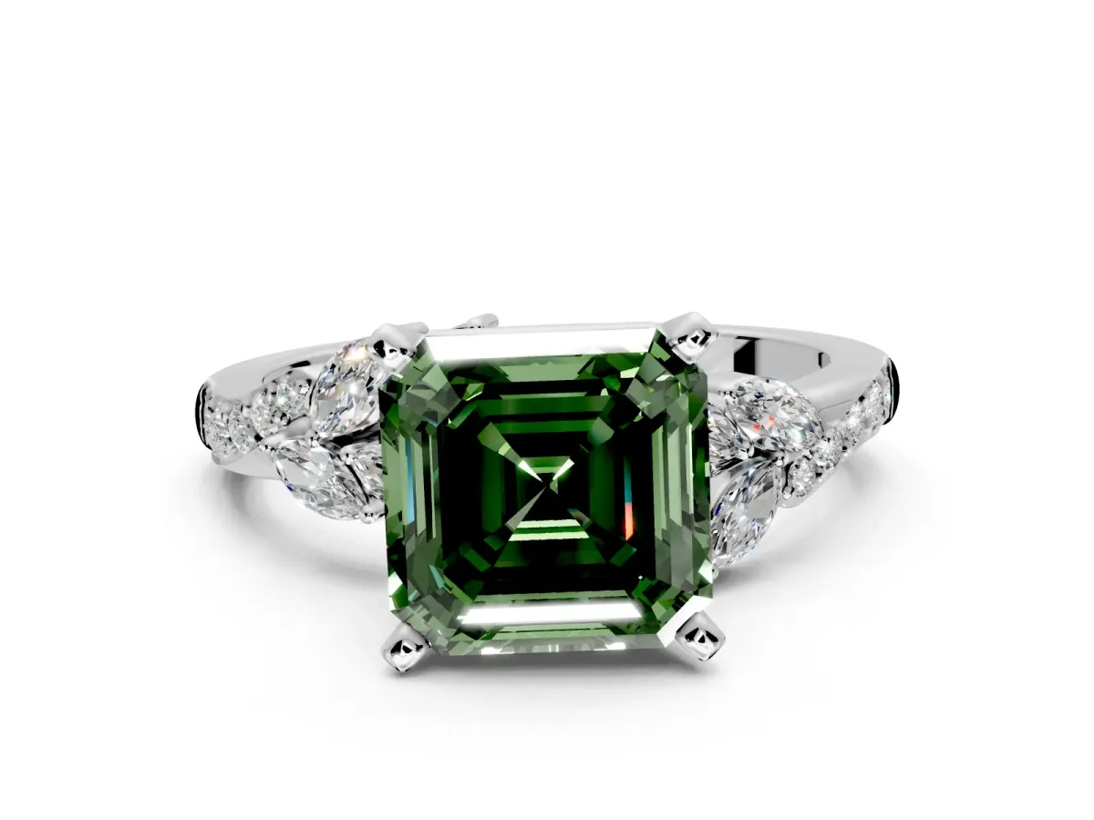 Solitaire Engagement Ring Setting for Fancy Green Asscher Cut Center with Marquise Accent Twist Band and Prong Head in White Gold