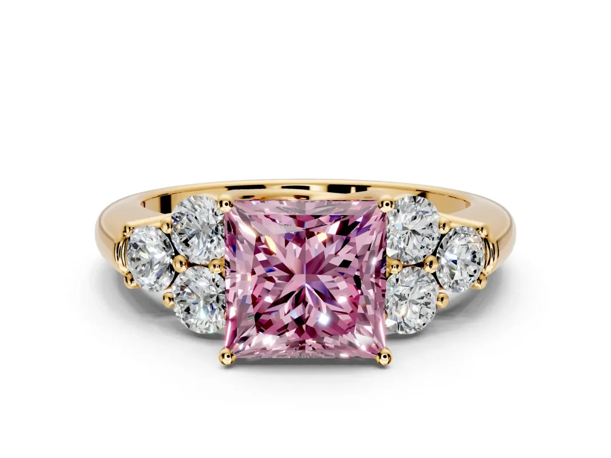 Cluster Engagement Ring Setting for Fancy Pink Princess Cut Center with Round Cut Accent Frame and Prong Head in Yellow Gold