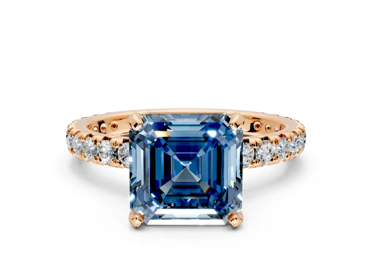 Solitaire Engagement Ring Setting for Fancy Blue Asscher Cut Center with Shared-Prong Accents and Prong Head in Rose Gold