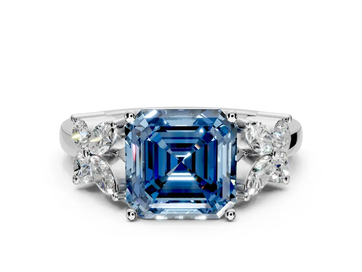 Floral Engagement Ring Setting for Fancy Blue Princess Cut Center with Marquise Cluster Shoulders and Prong Head in White Gold