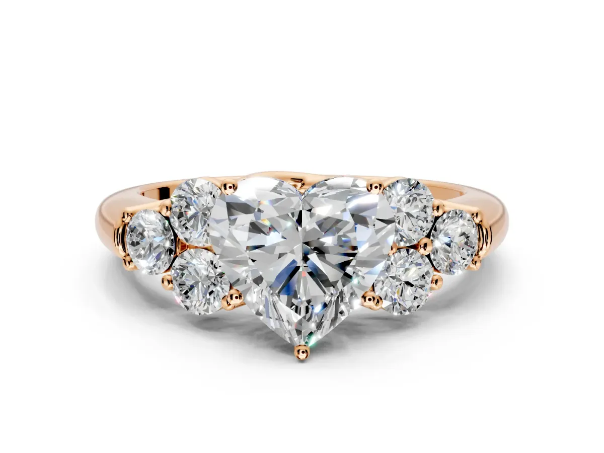 Cluster Engagement Ring Setting for Heart-Shaped Center with Round Cut Accent Frame and Prong Head in Rose Gold