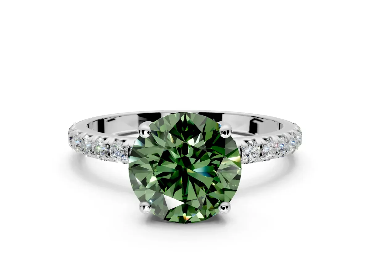 Solitaire Engagement Ring Setting for Fancy Green Round Cut Center with Micro Pave Band and Prong Head in White Gold