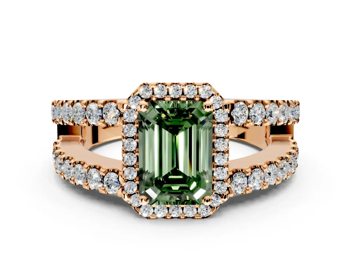 Halo Engagement Ring Setting for Fancy Green Emerald Cut Center with Wide-Open Pave Split Shank and Prong Head in Rose Gold